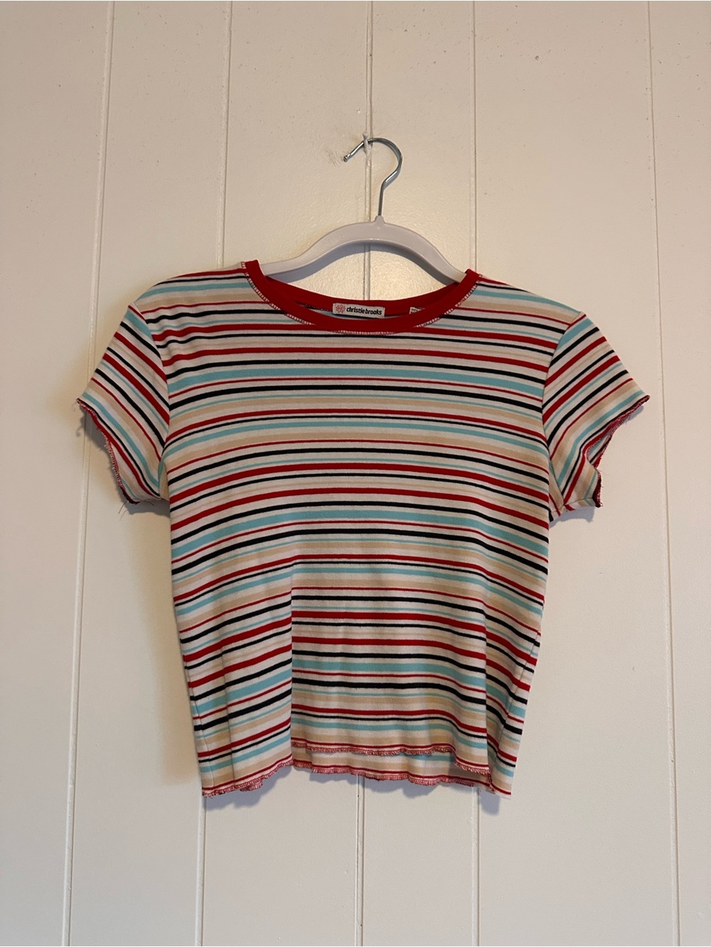 Christie Brooks Girls' Striped Short Sleeve Tee with Red Trim